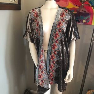 silver gray crushed velvet kimono with multicolor embroidery pink orange blue